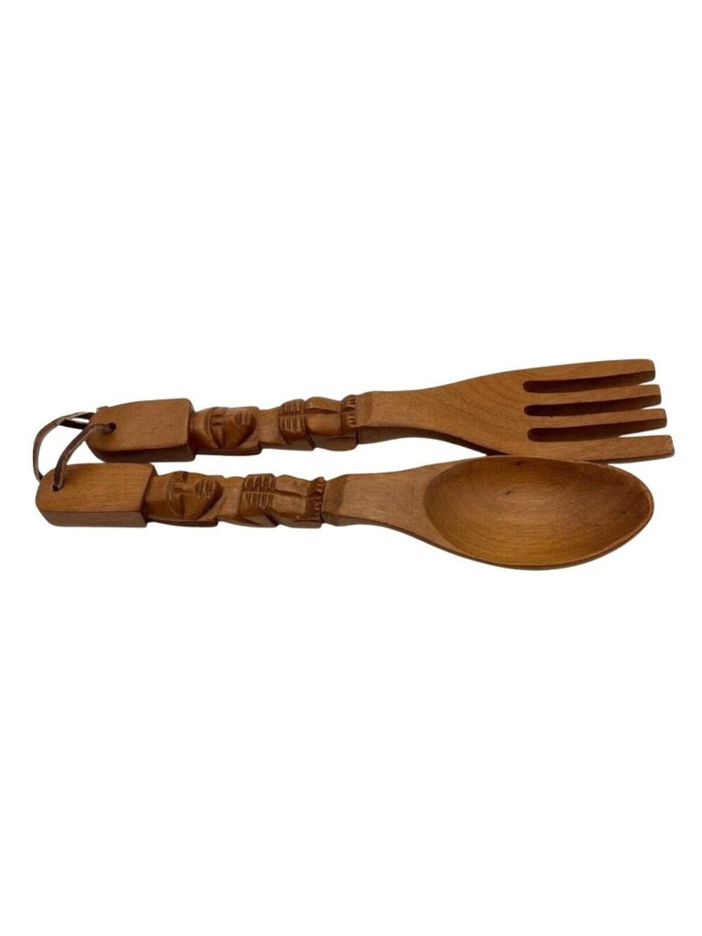 Vintage Hand-Carved Wooden Fork & Spoon Wall Decor Set With Tribal Motif 12 Inch - Picture 9 of 9